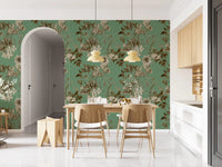Dining area wall with Jade Tones wallpaper in classic floral sketch style