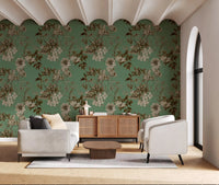 Botanical Elegance wallpaper with sepia floral sketching on a muted jade background