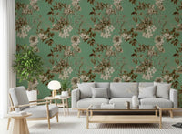 Botanical Elegance wallpaper with hand-drawn sepia flowers on soft jade color