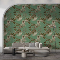 Botanical Elegance wallpaper in jade green with sepia floral branch detailing