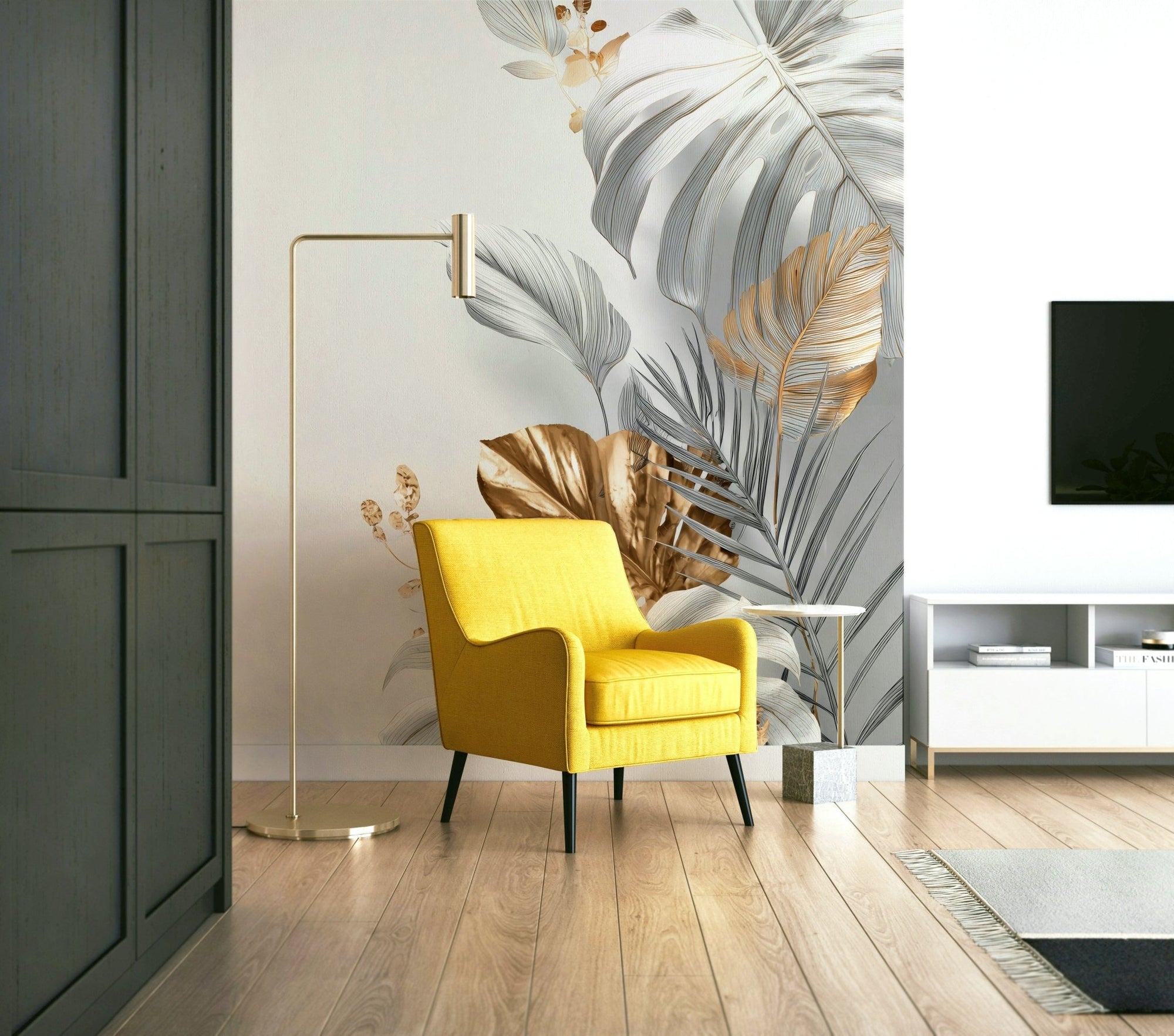 Botanical Elegance Wall Mural with delicate leaves and florals, GD2158