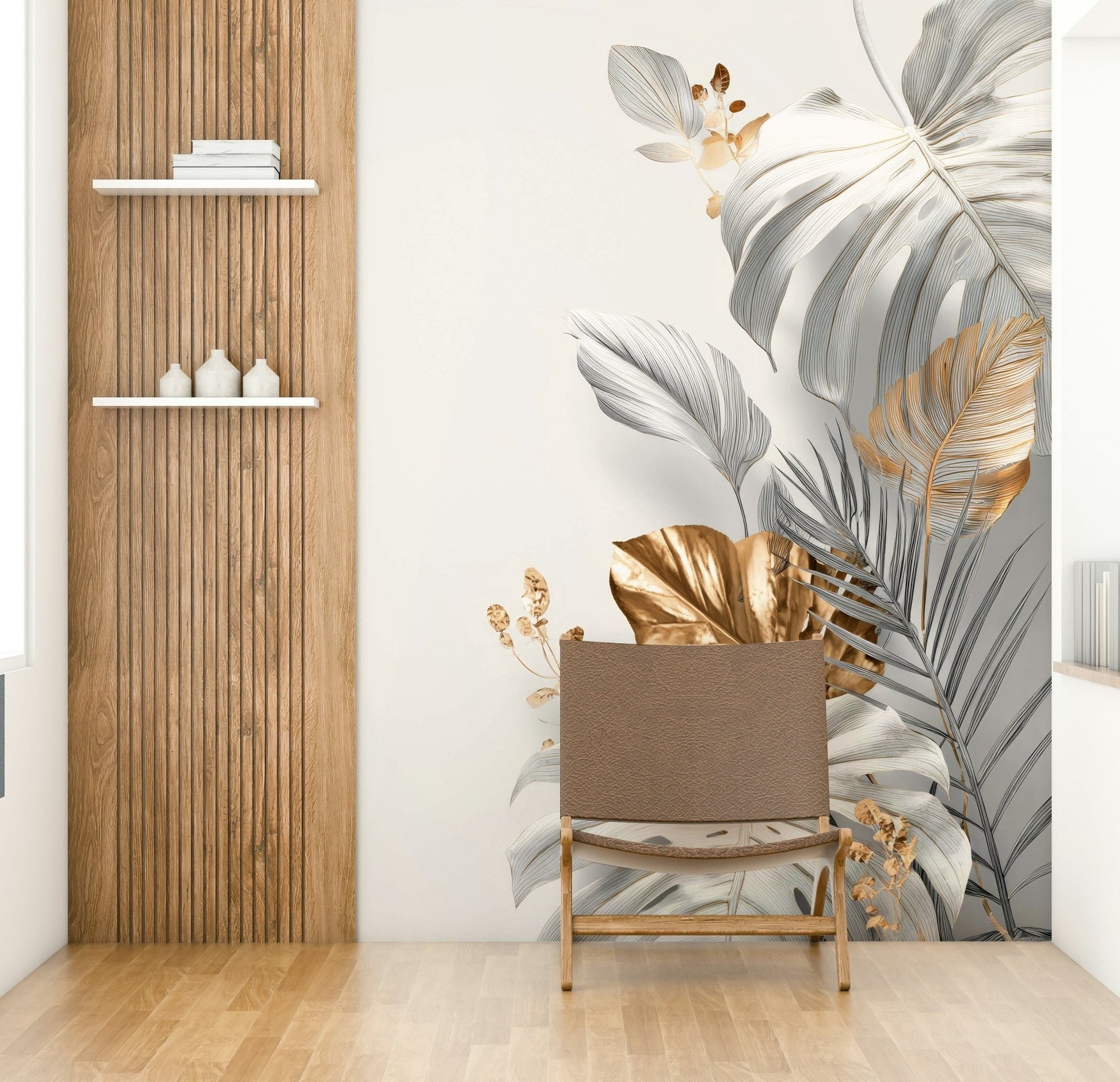 Refined botanical mural in minimalist living room

