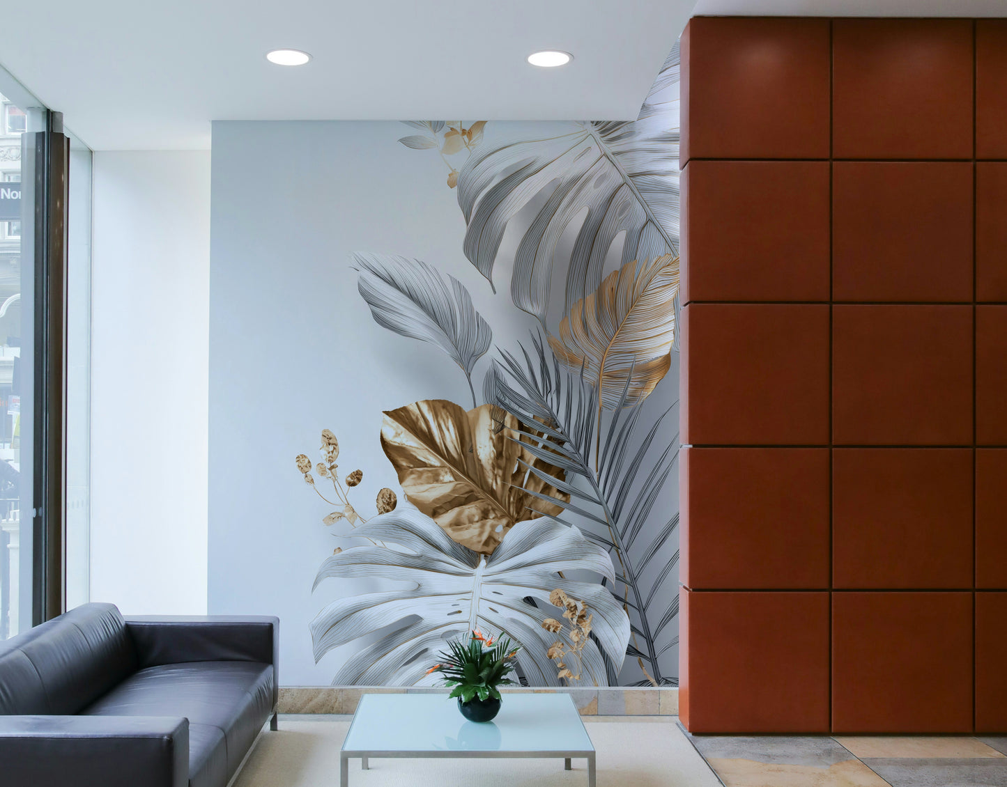 Flowing stem and leaf patterns on mural wall art

