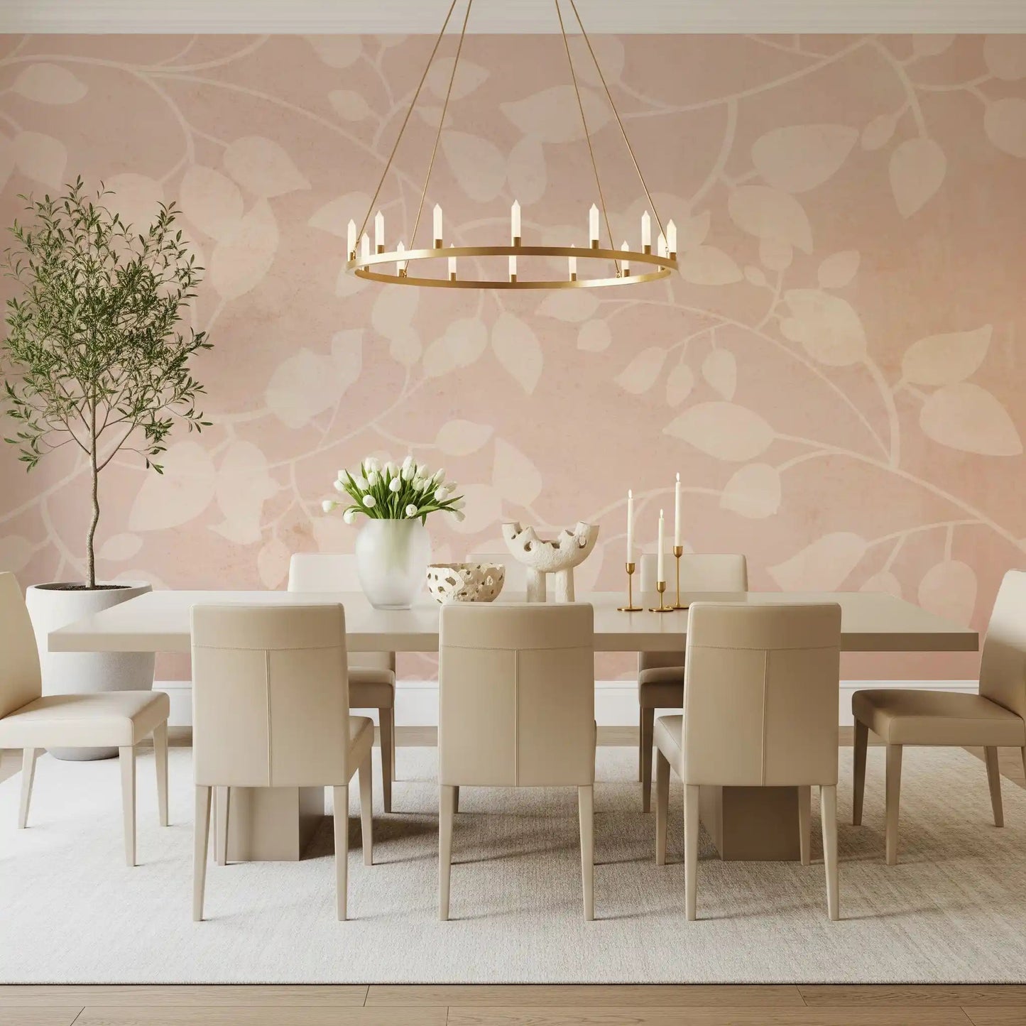 Dining room wall with Botanical Embrace Blush wall mural and soft leafy detailing