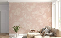 Contemporary botanical wall mural with creamy foliage and calm blush tones