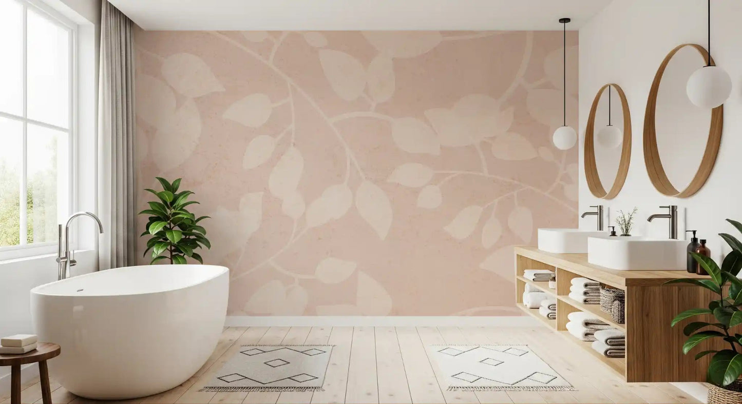 Bathroom styled in Botanical Embrace Blush wall mural with muted blush foliage