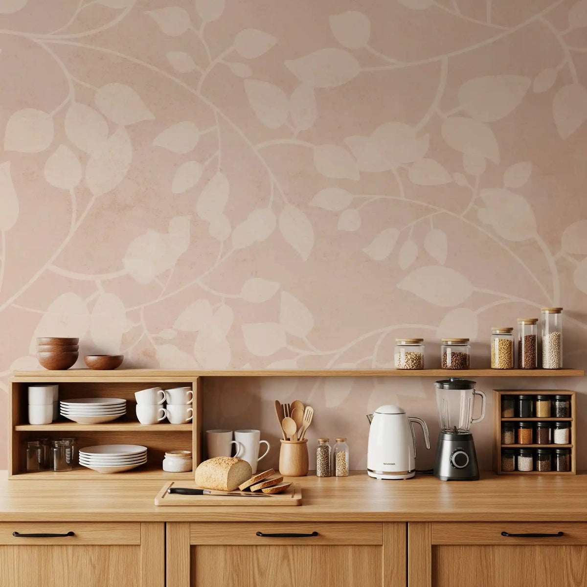 Kitchen featuring Botanical Embrace Blush wall mural in airy botanical vines, GD9378