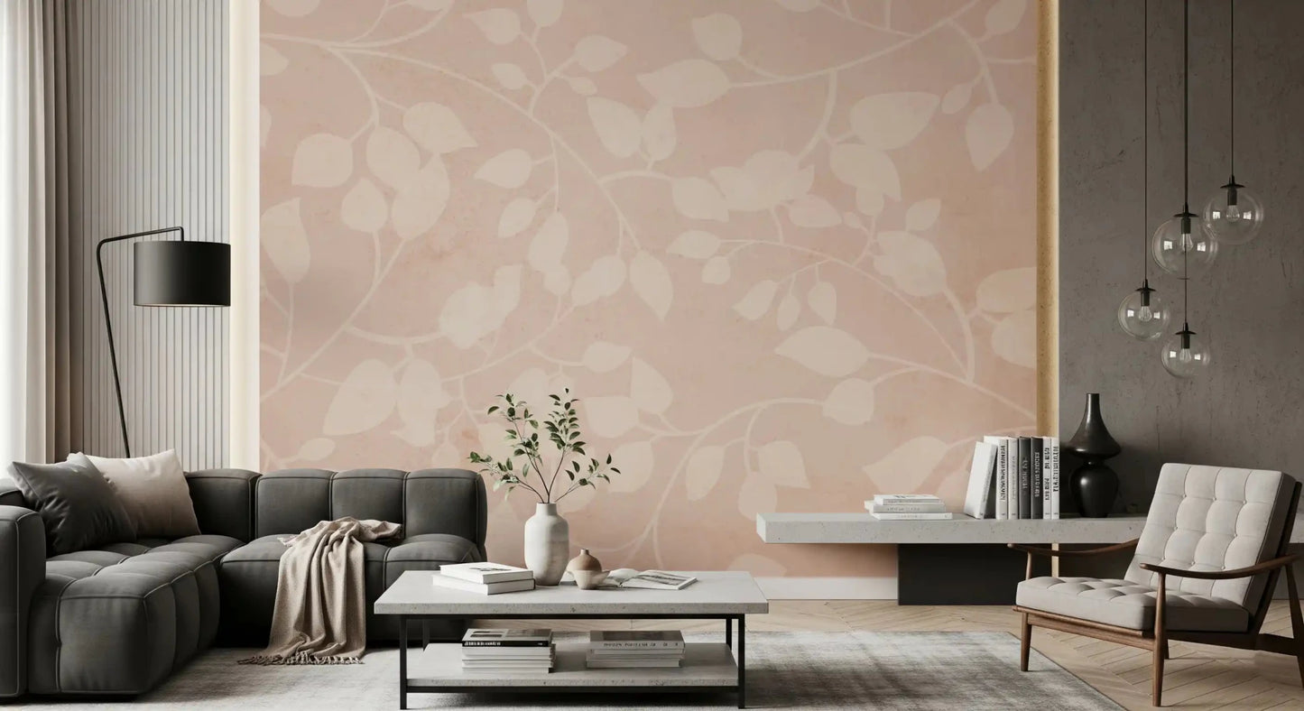 Neutral botanical wall mural with airy branches and pale leaf silhouettes