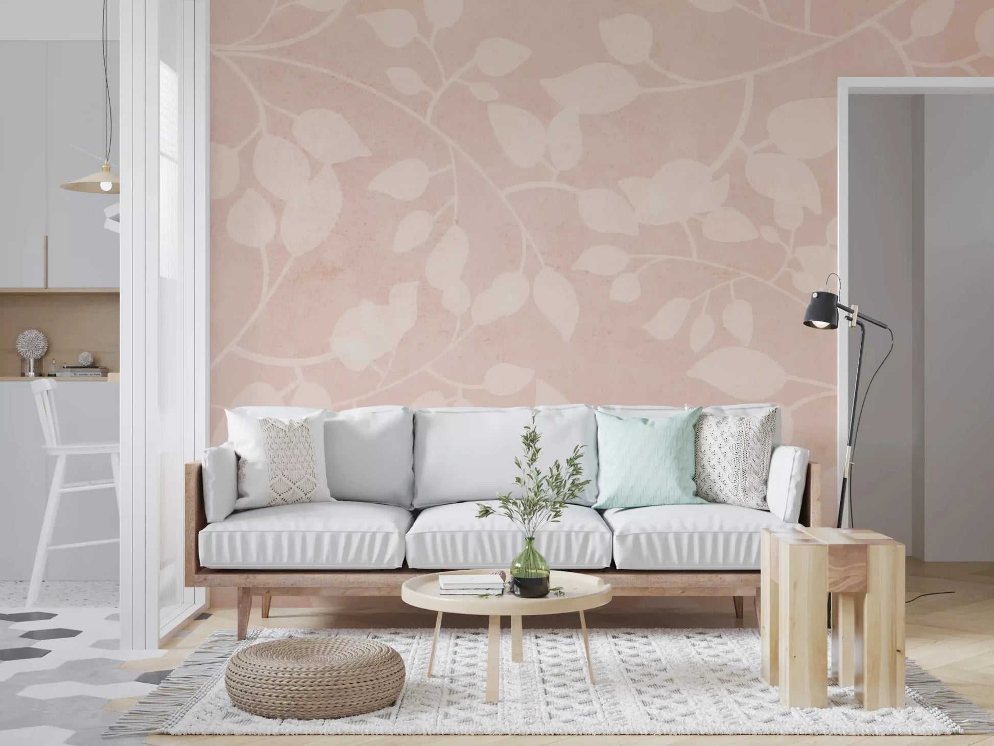 Living room with Botanical Embrace Blush wall mural in soft vine leaf pattern