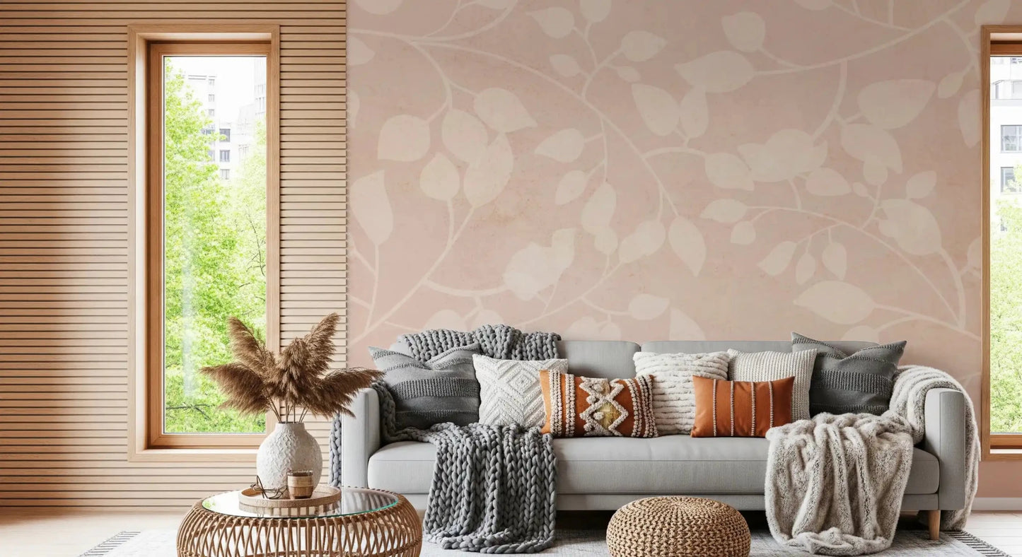 Elegant blush wall mural featuring fine vine lines and layered leaf shapes