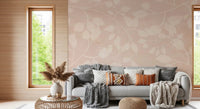 Elegant blush wall mural featuring fine vine lines and layered leaf shapes
