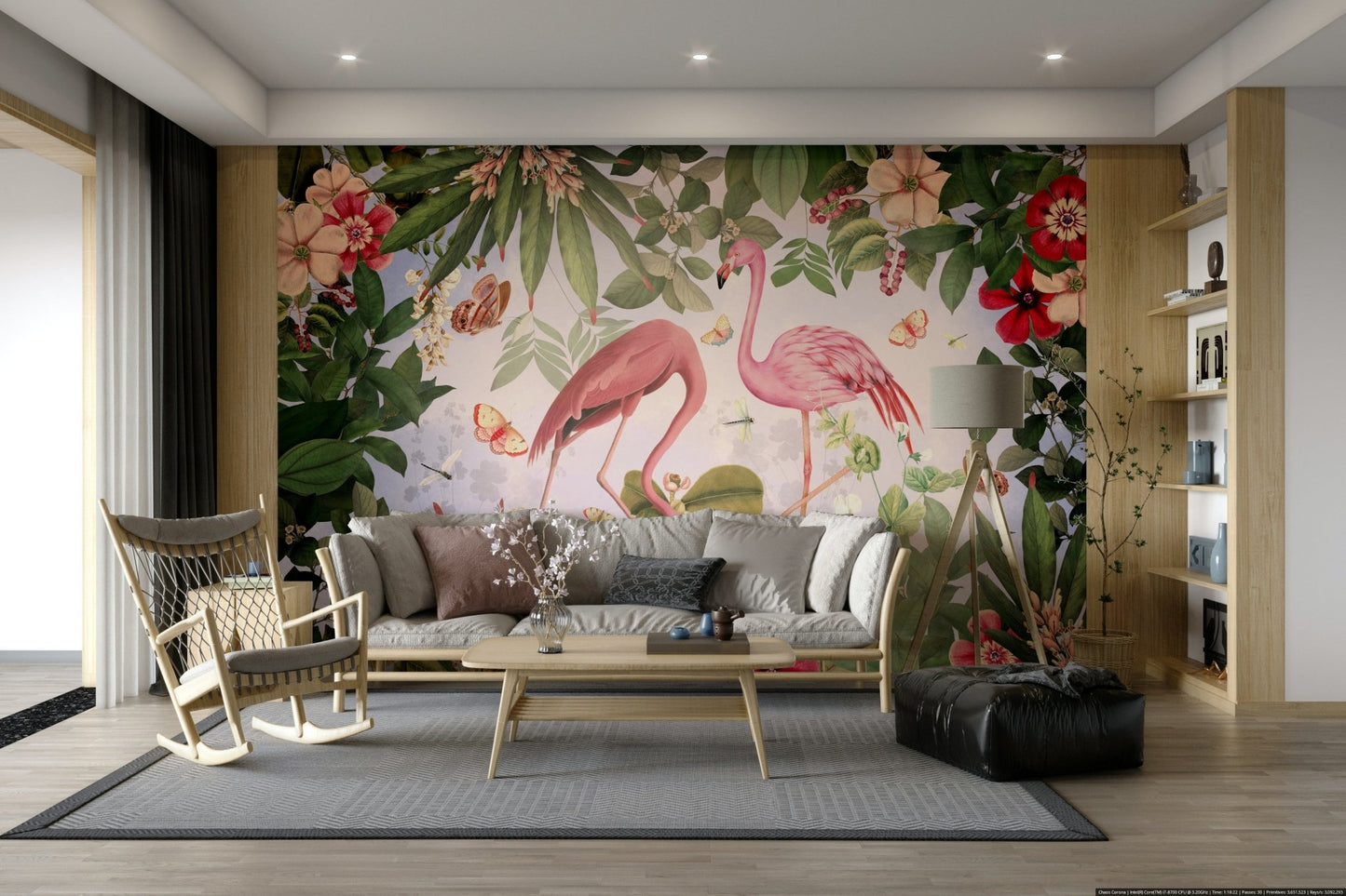 Flamingo perched amidst tropical plants mural.

