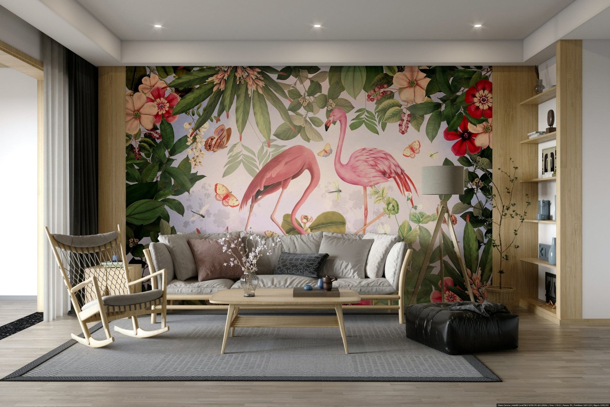 Flamingo perched amidst tropical plants mural.

