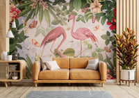 Flamingo in botanical garden wall mural design.

