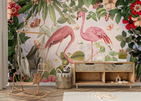 Tropical flamingo wallpaper with lush greenery.

