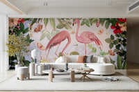 Flamingo dream mural with exotic botanicals.

