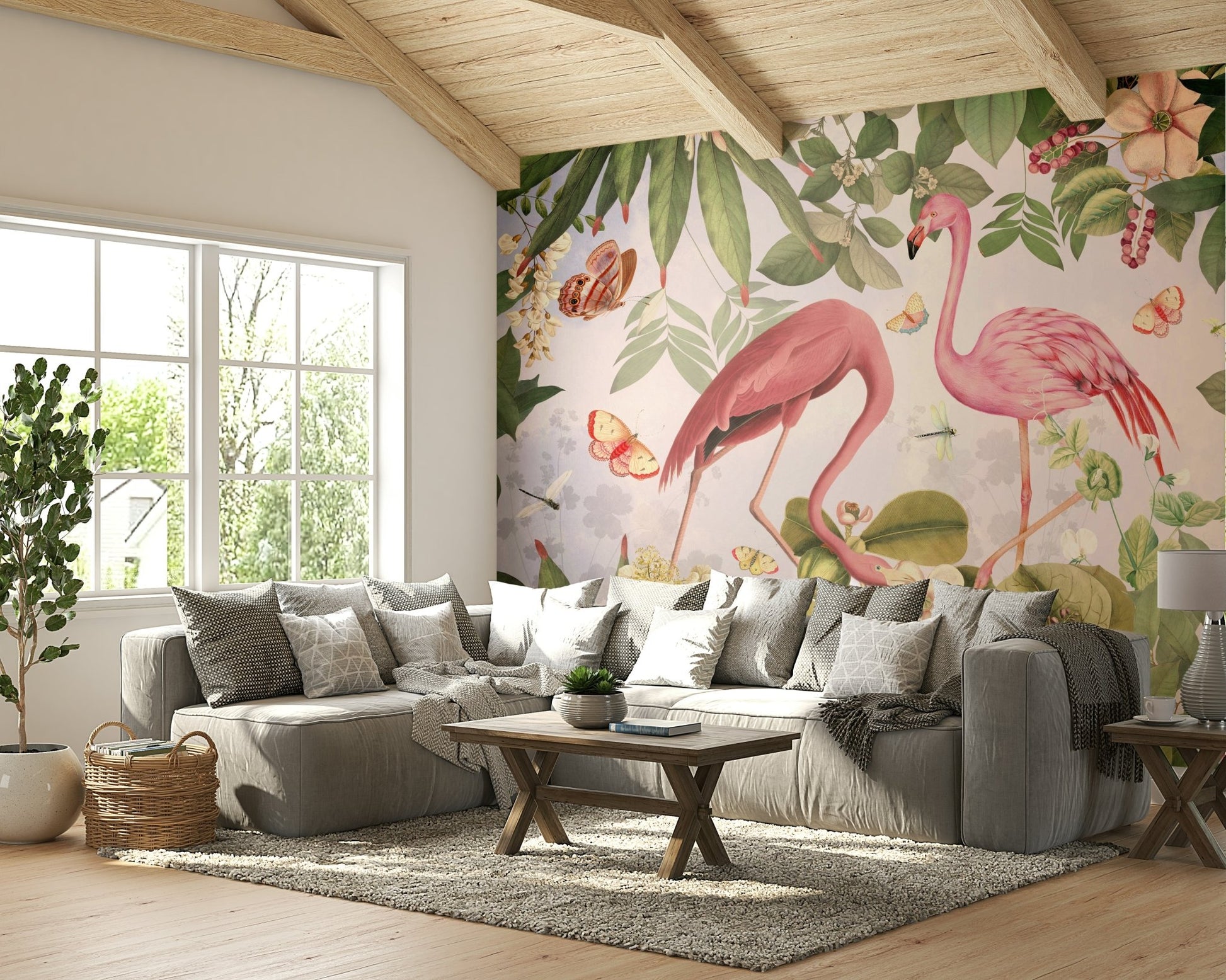 Bright flamingo wall mural with tropical plants.


