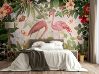 Flamingo-inspired botanical wall mural for rooms.

