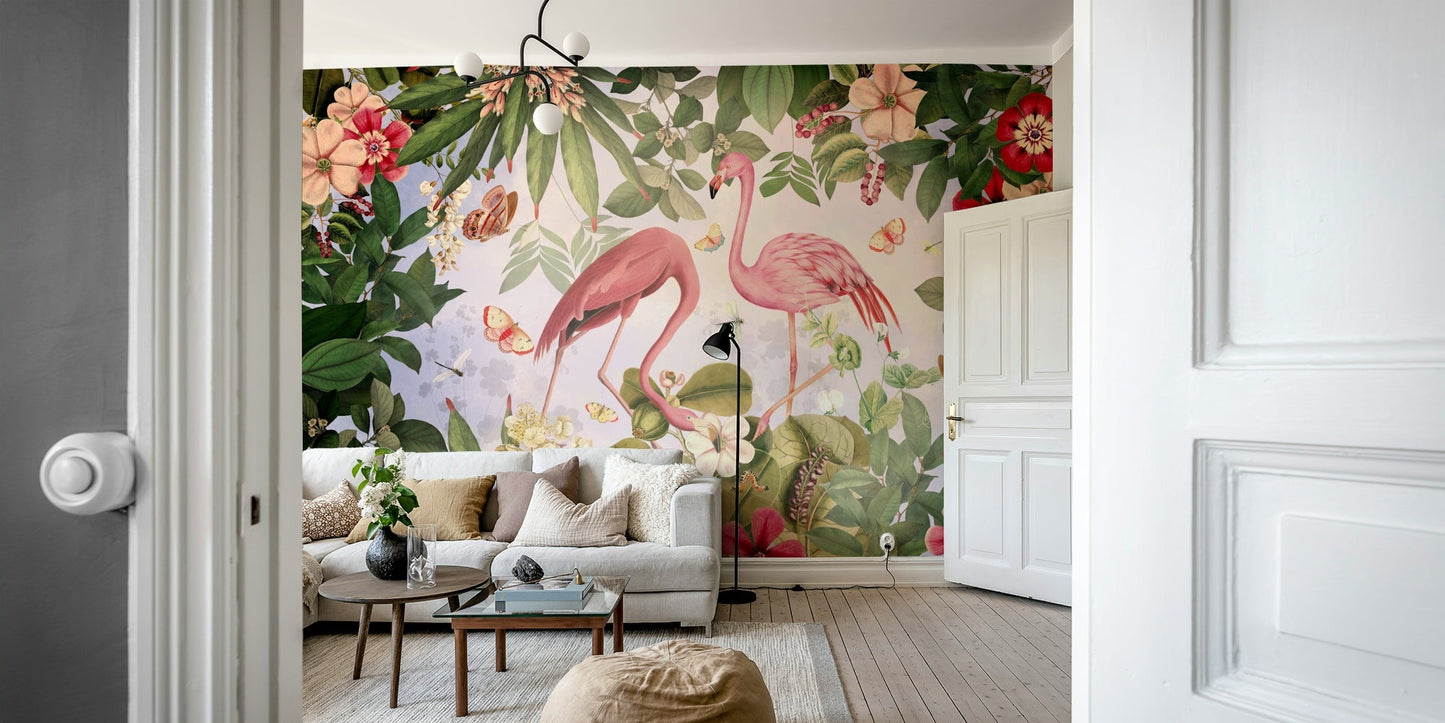 Flamingo bird and botanical wallpaper mural.

