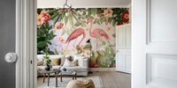 Flamingo bird and botanical wallpaper mural.

