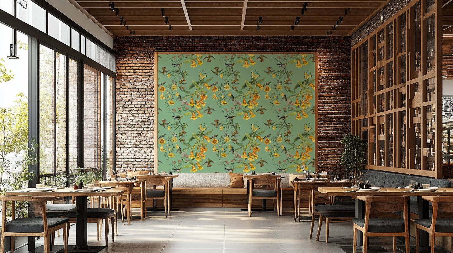 A contemplative flower and bird wallpaper mural for a feature wall.

