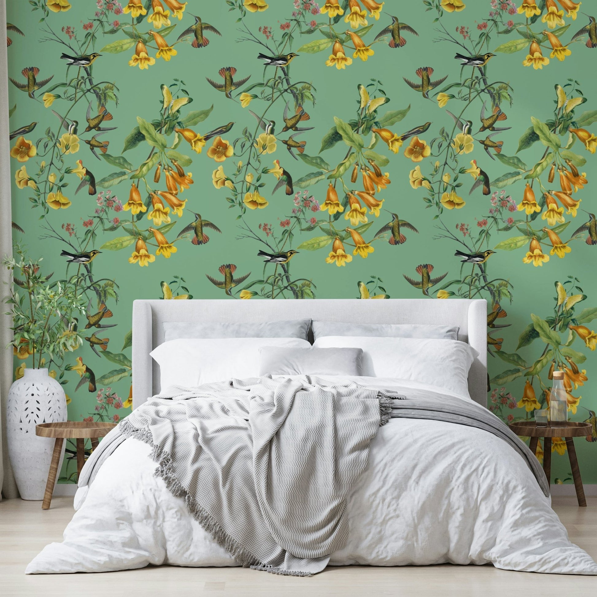 A beautiful botanical flight wallpaper mural with graceful birds.

