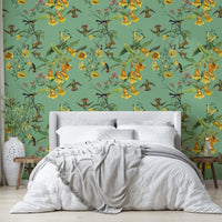 A beautiful botanical flight wallpaper mural with graceful birds.

