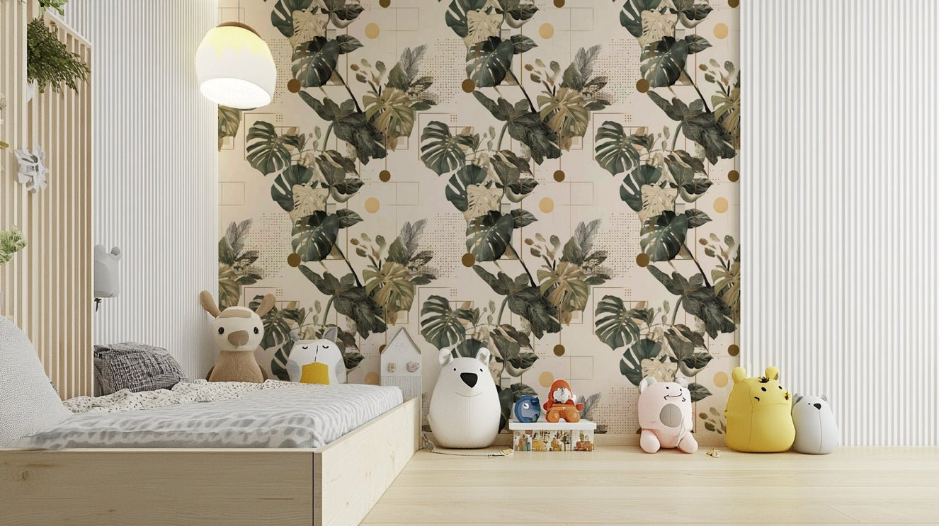 Soft pastel background with leafy geometric overlay

