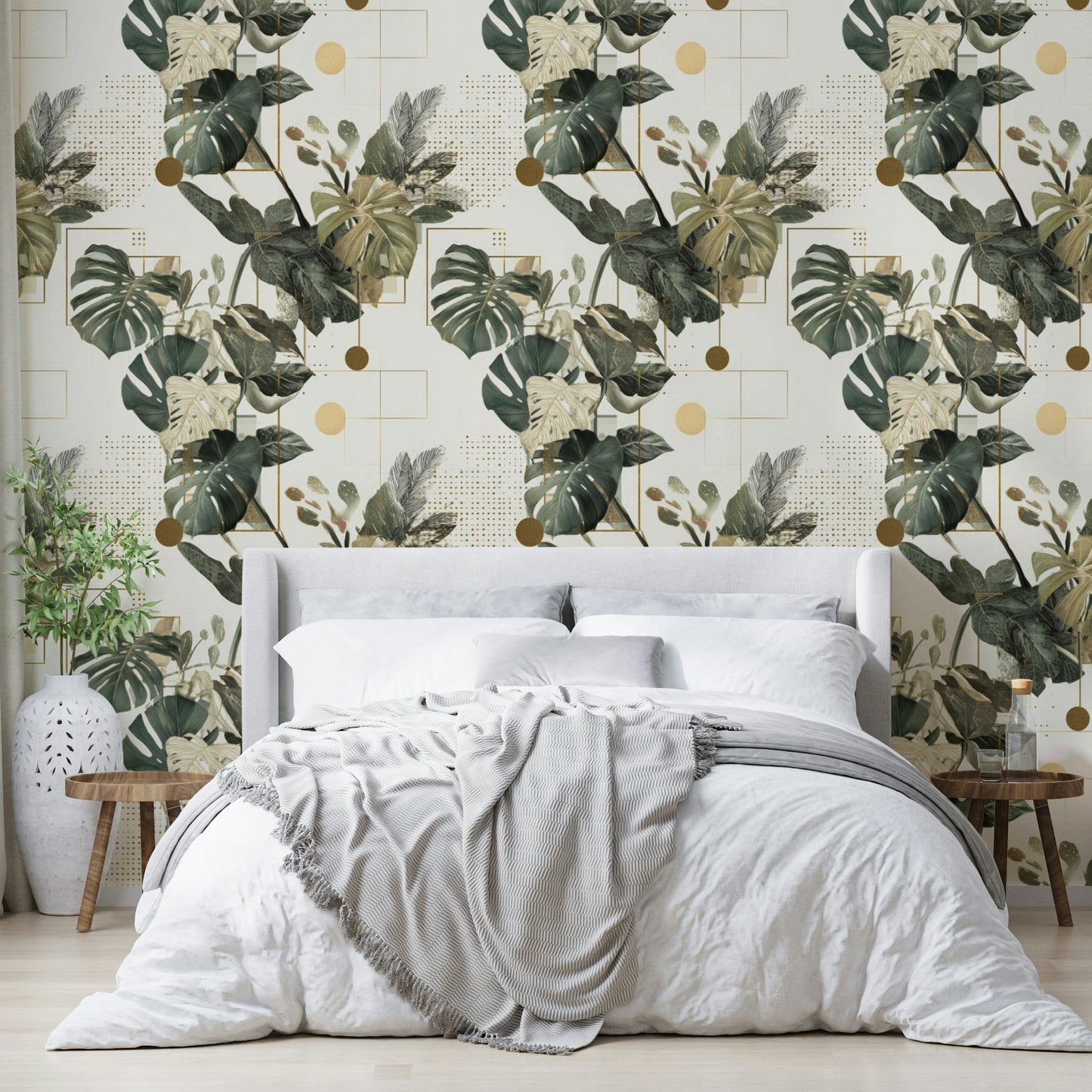 Modern wallpaper combining greenery and geometric shapes

