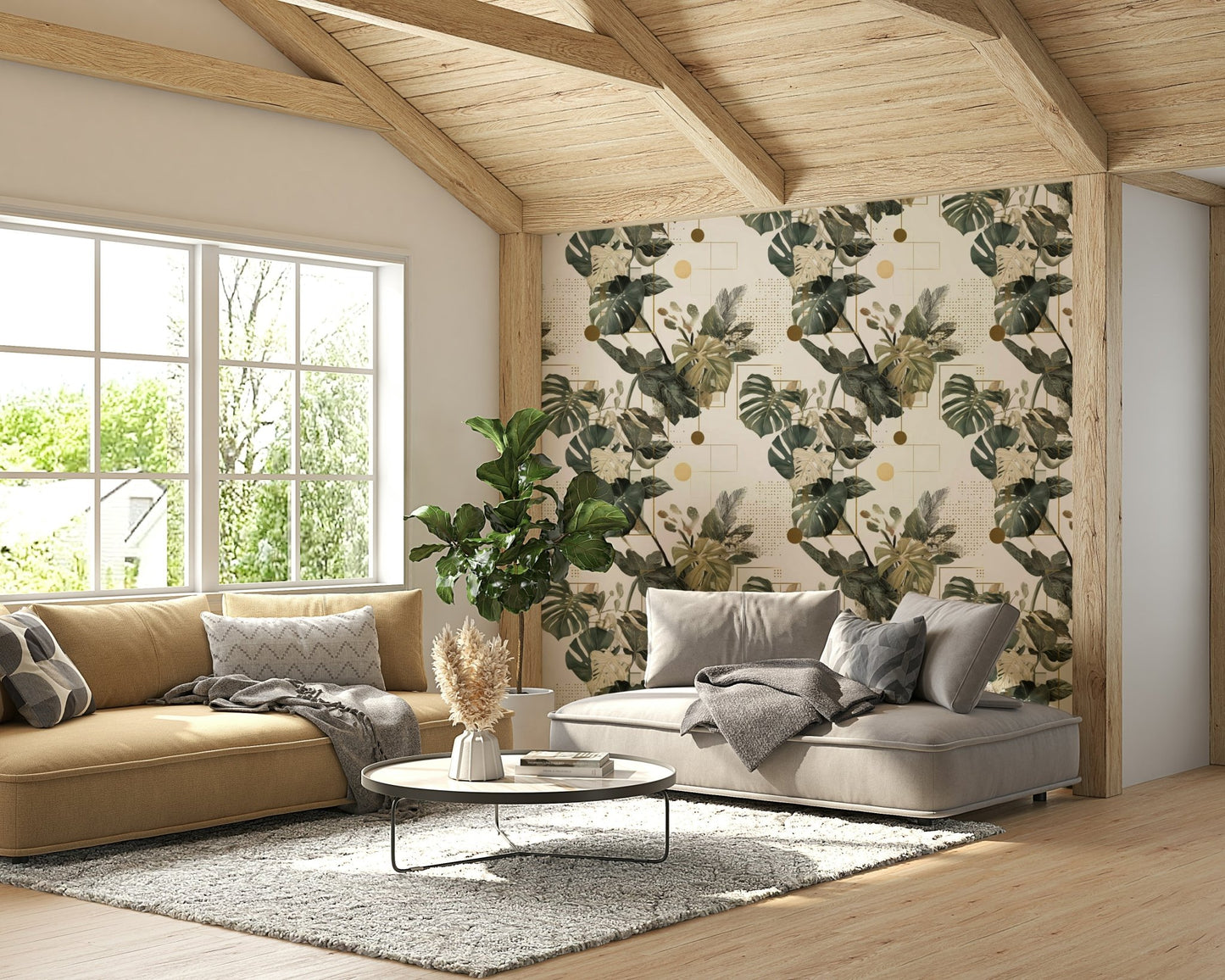 Wallpaper with natural foliage and modern angular patterns

