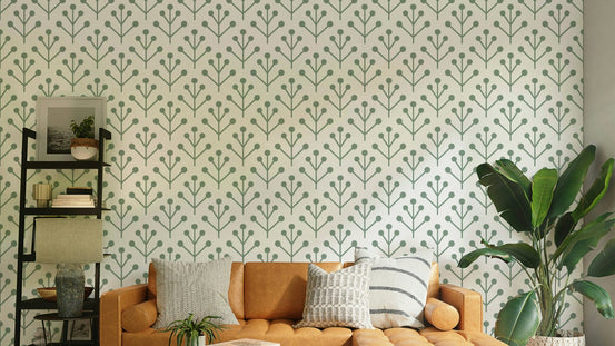 Sage green leaves on cream background mural, GD1975