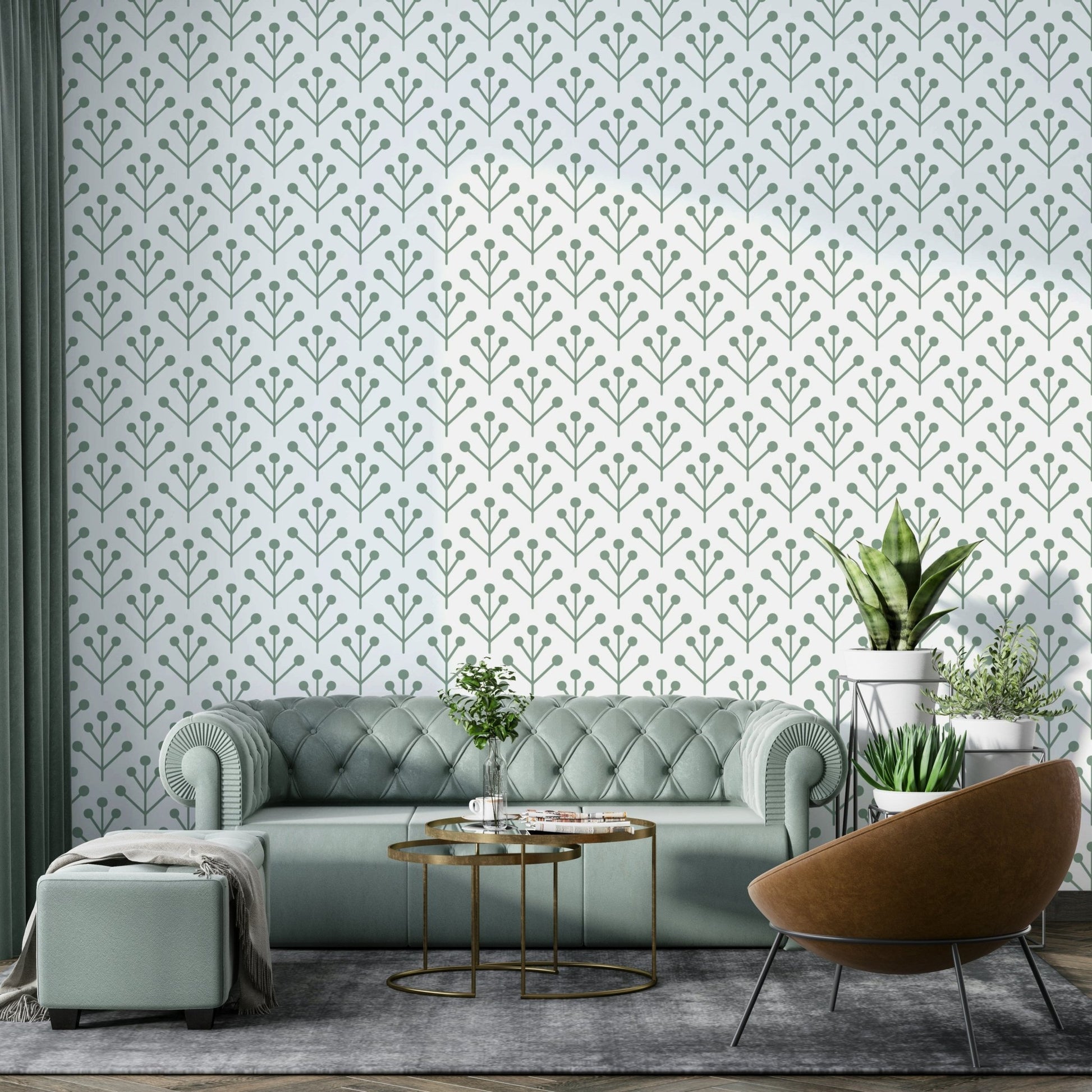 Botanical wallpaper with sage green leaves

