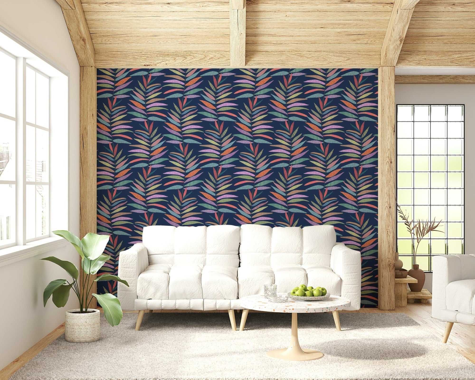 Botanical Groove Wallpaper wallpaper mural in a tropical living room., GD7867
