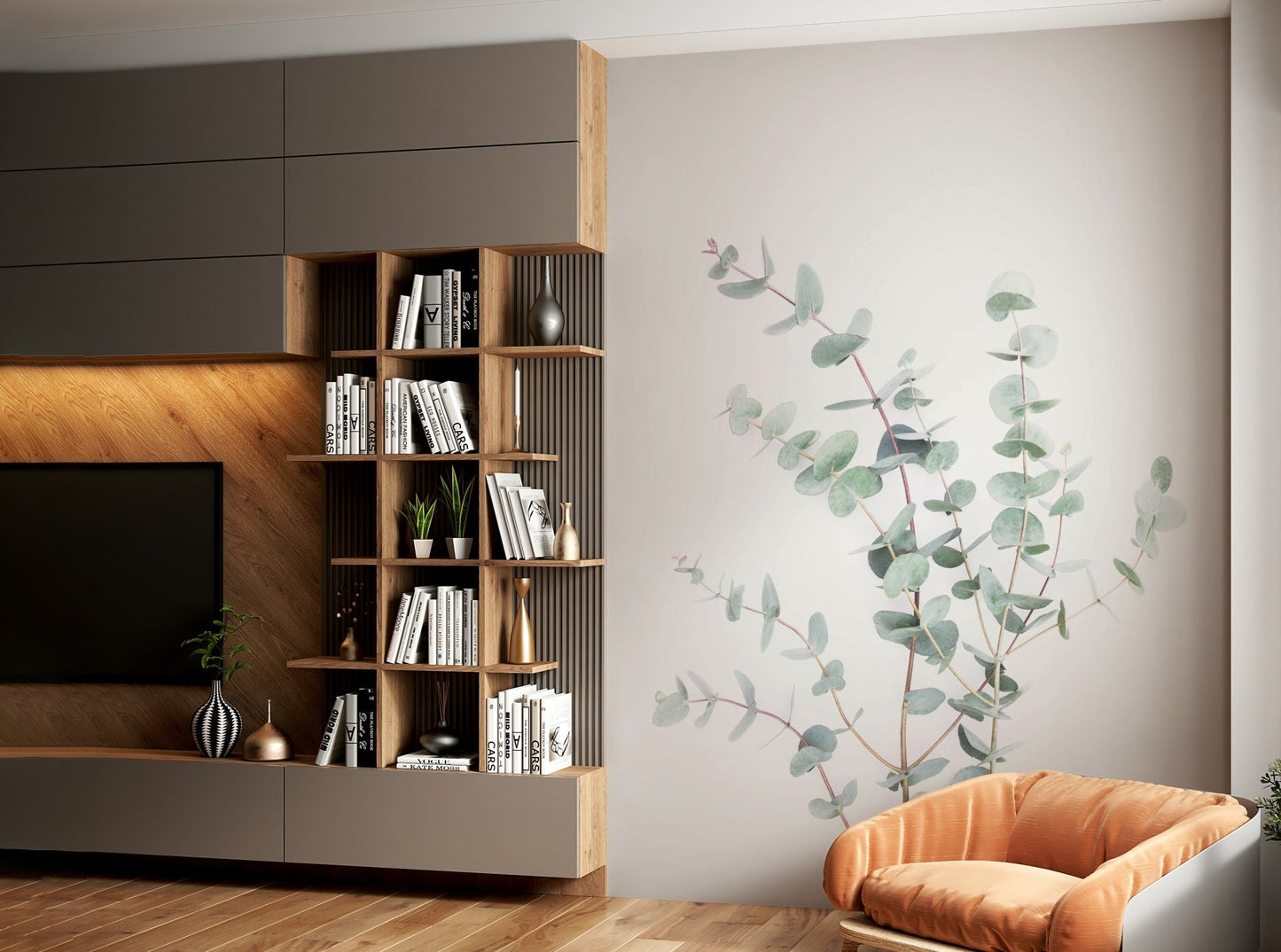 Botanical I mural with garden-inspired foliage motif

