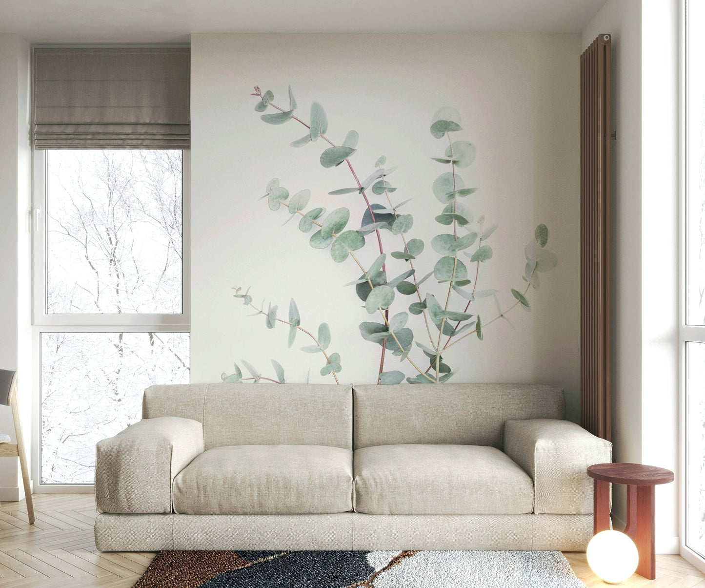 Lush greenery mural with botanical-themed illustration

