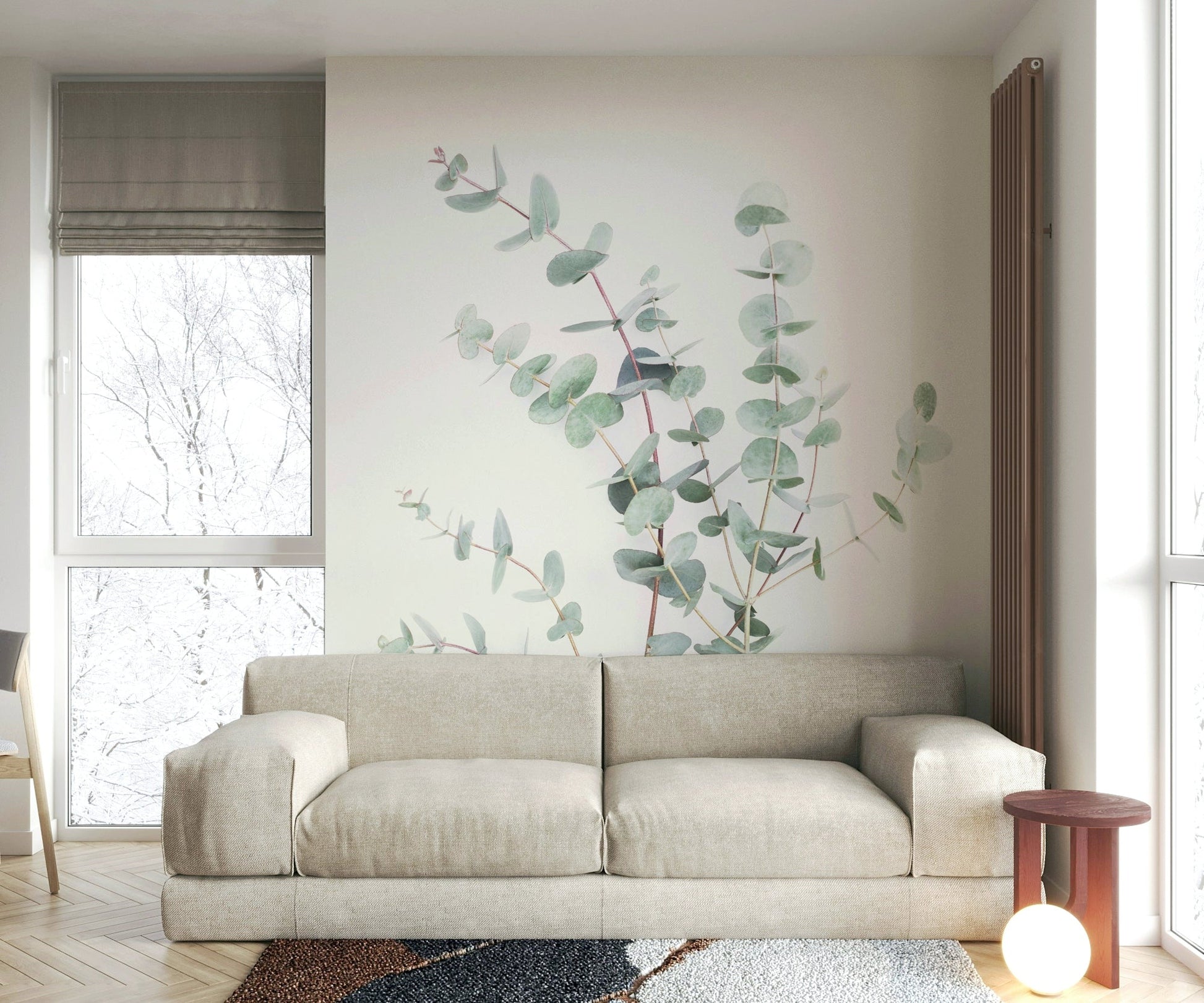 Lush greenery mural with botanical-themed illustration

