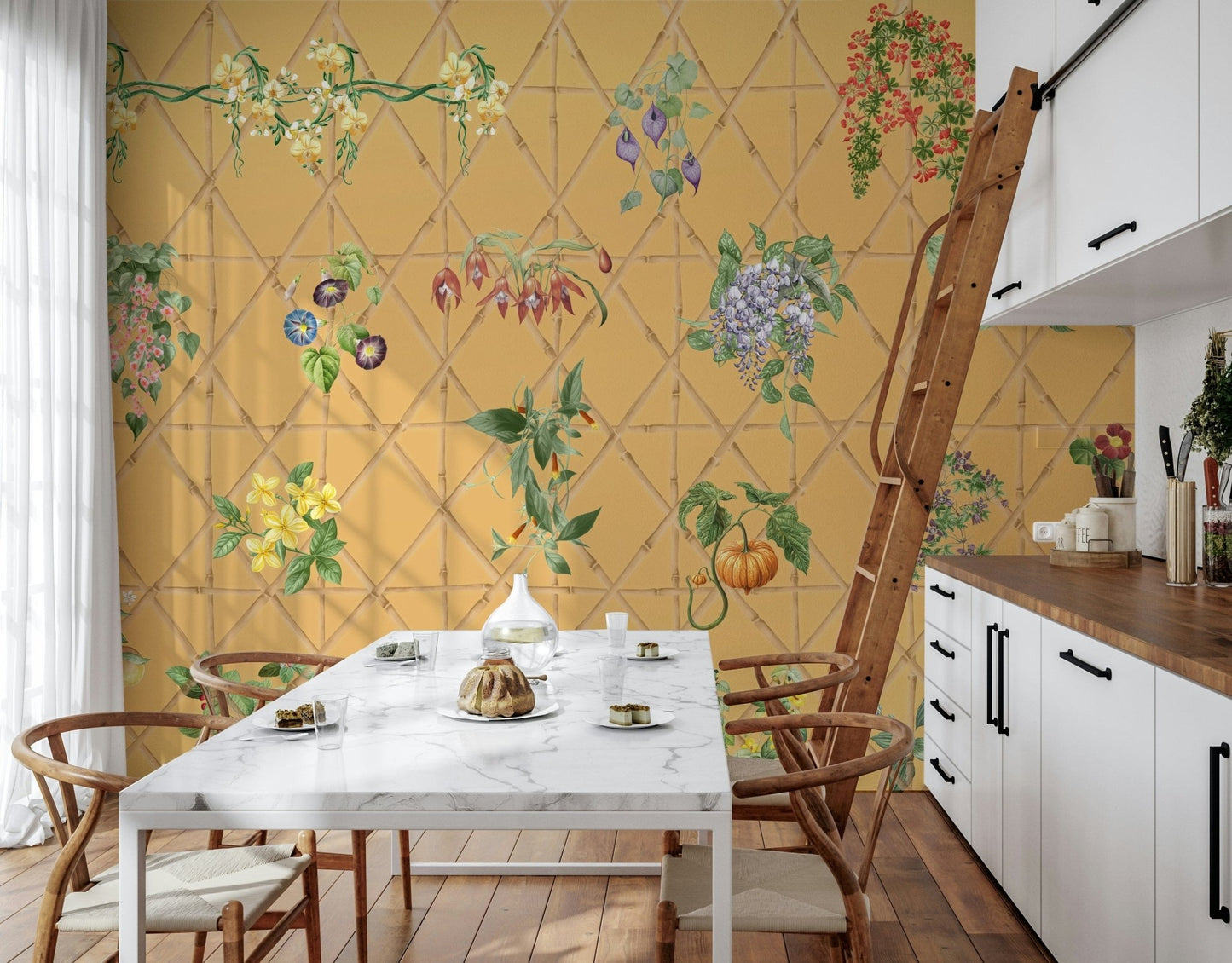 Study room leafy lattice wallpaper in calm green feature wall