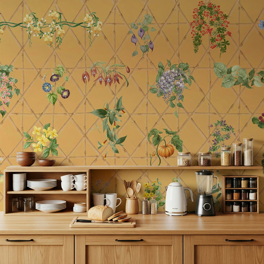 Bedroom leafy lattice wallpaper in soft sage colour accent wall