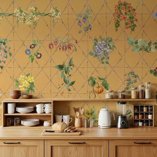 Bedroom leafy lattice wallpaper in soft sage colour accent wall, GD7611