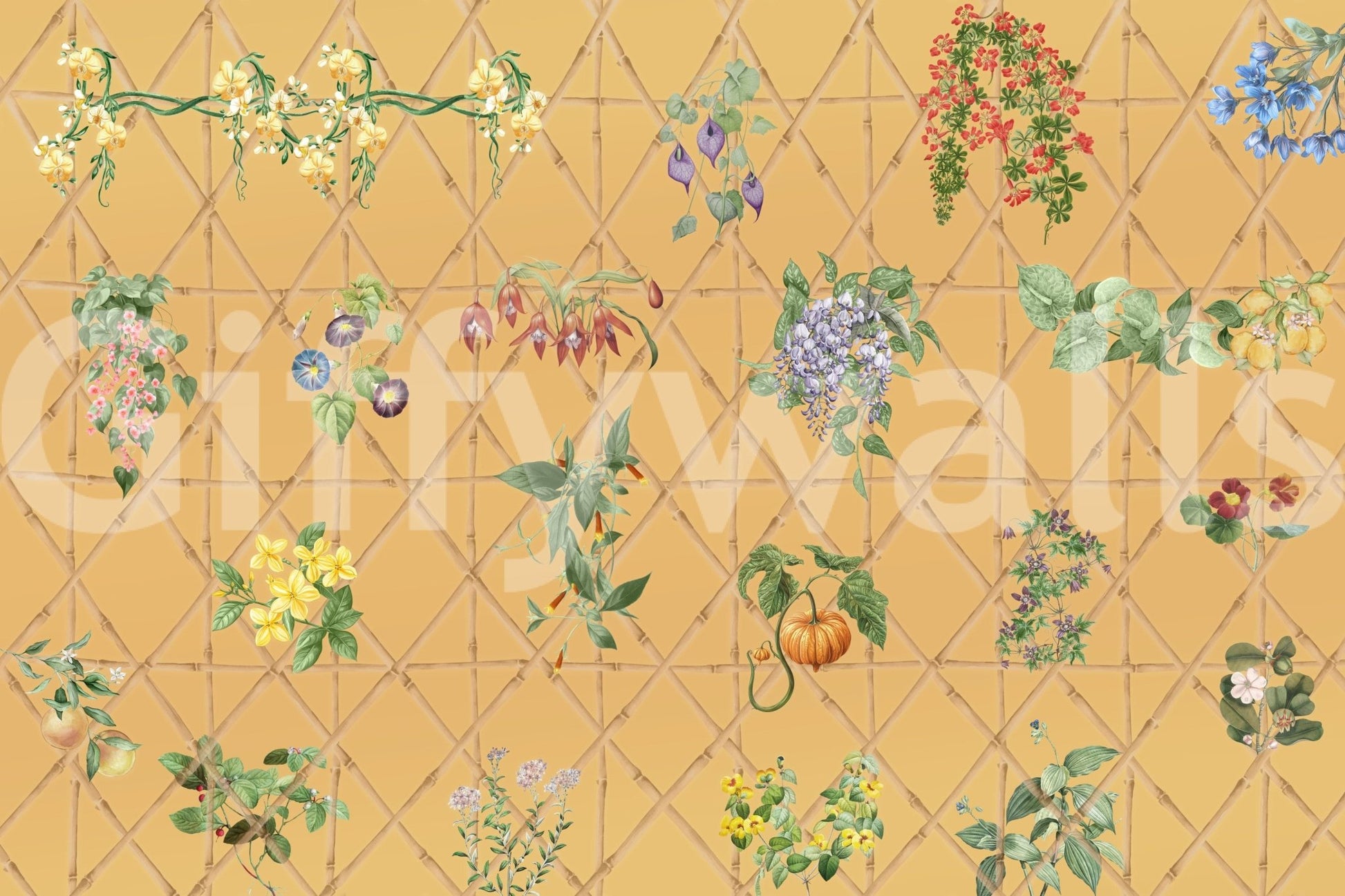 Bedroom botanical lattice wall mural in earthy green feature wall