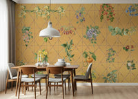 Living room botanical lattice green wallpaper feature wall