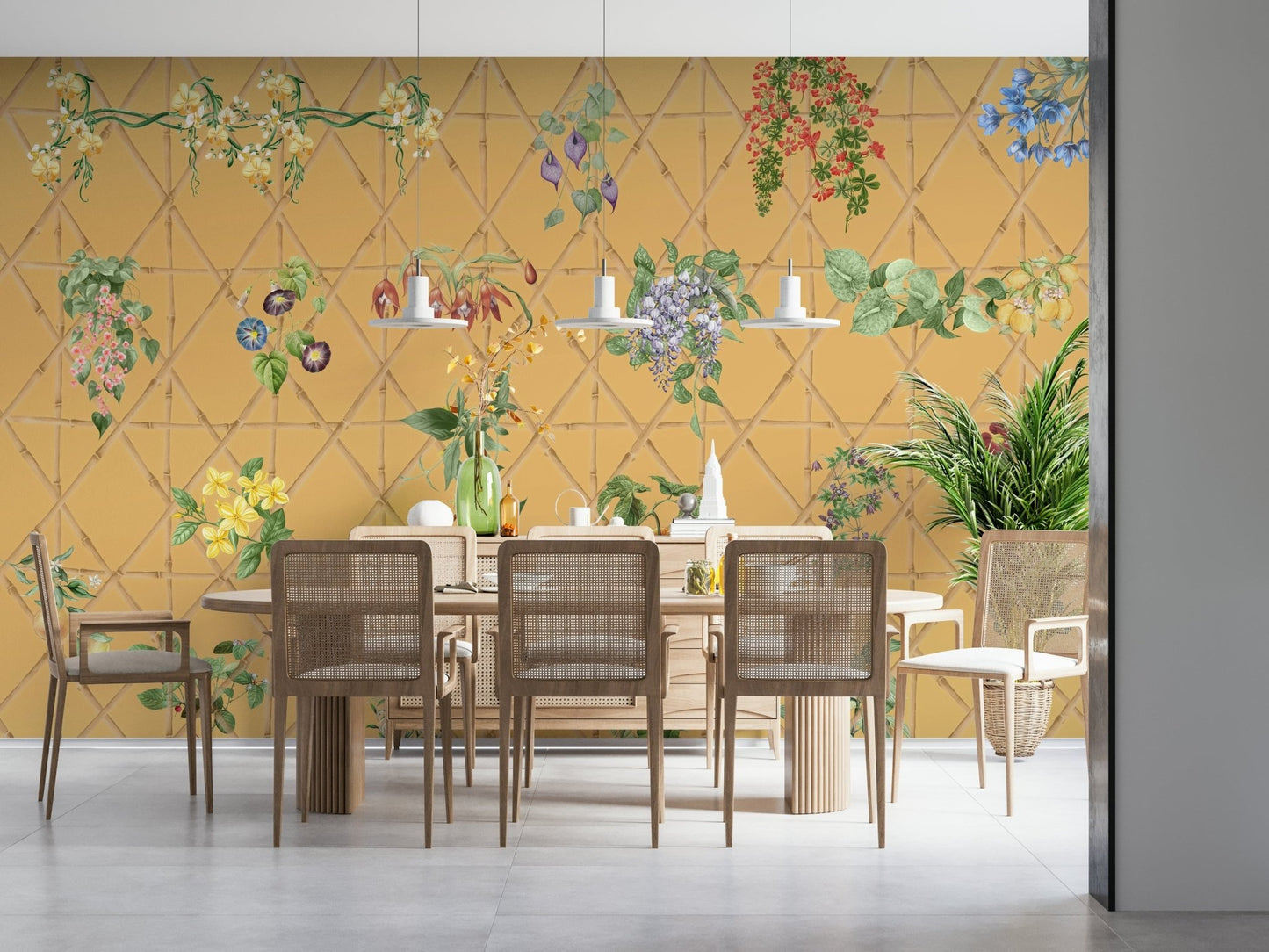 Dining area lattice floral wallpaper in olive tones feature wall
