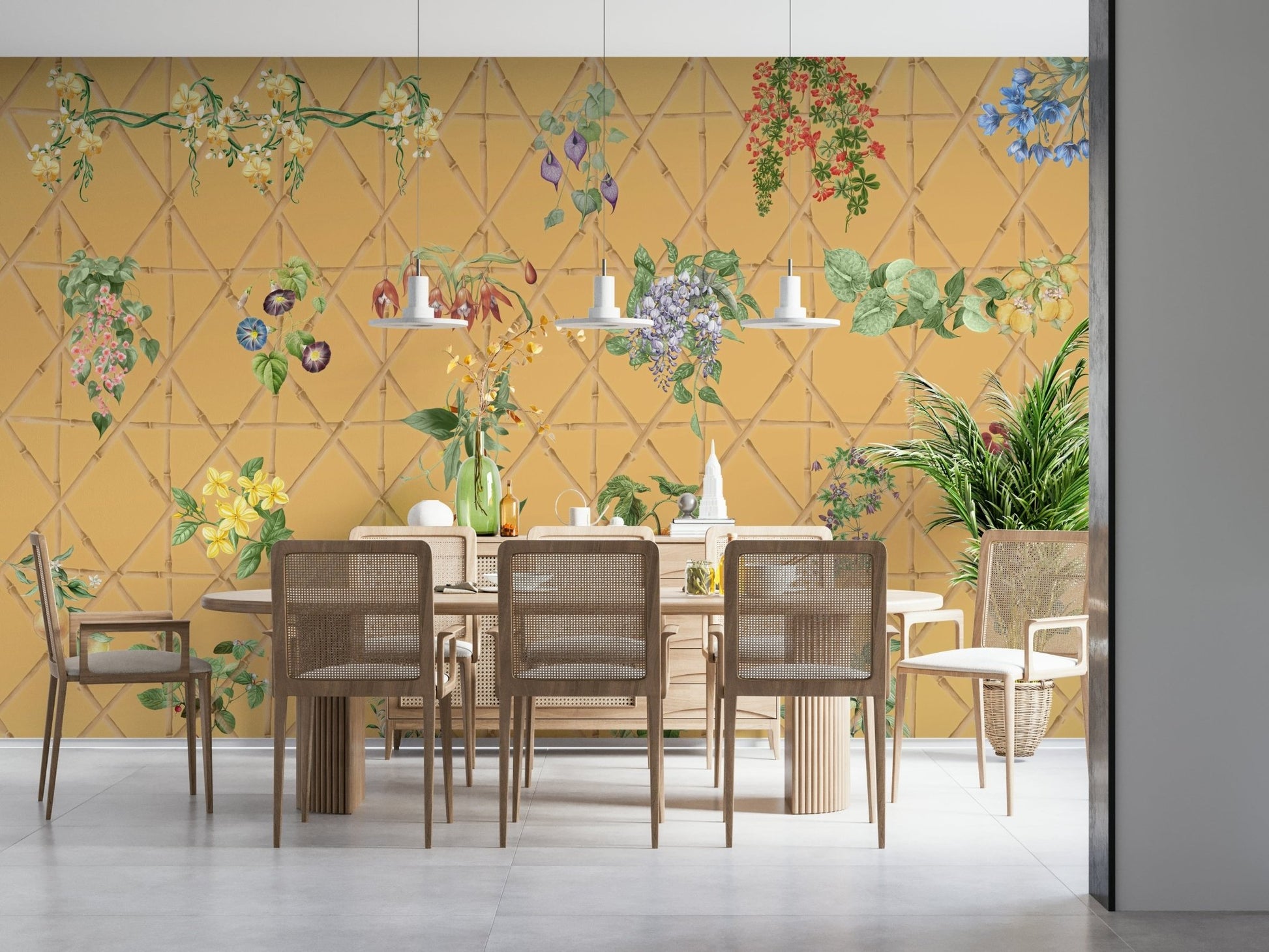 Dining area lattice floral wallpaper in olive tones feature wall