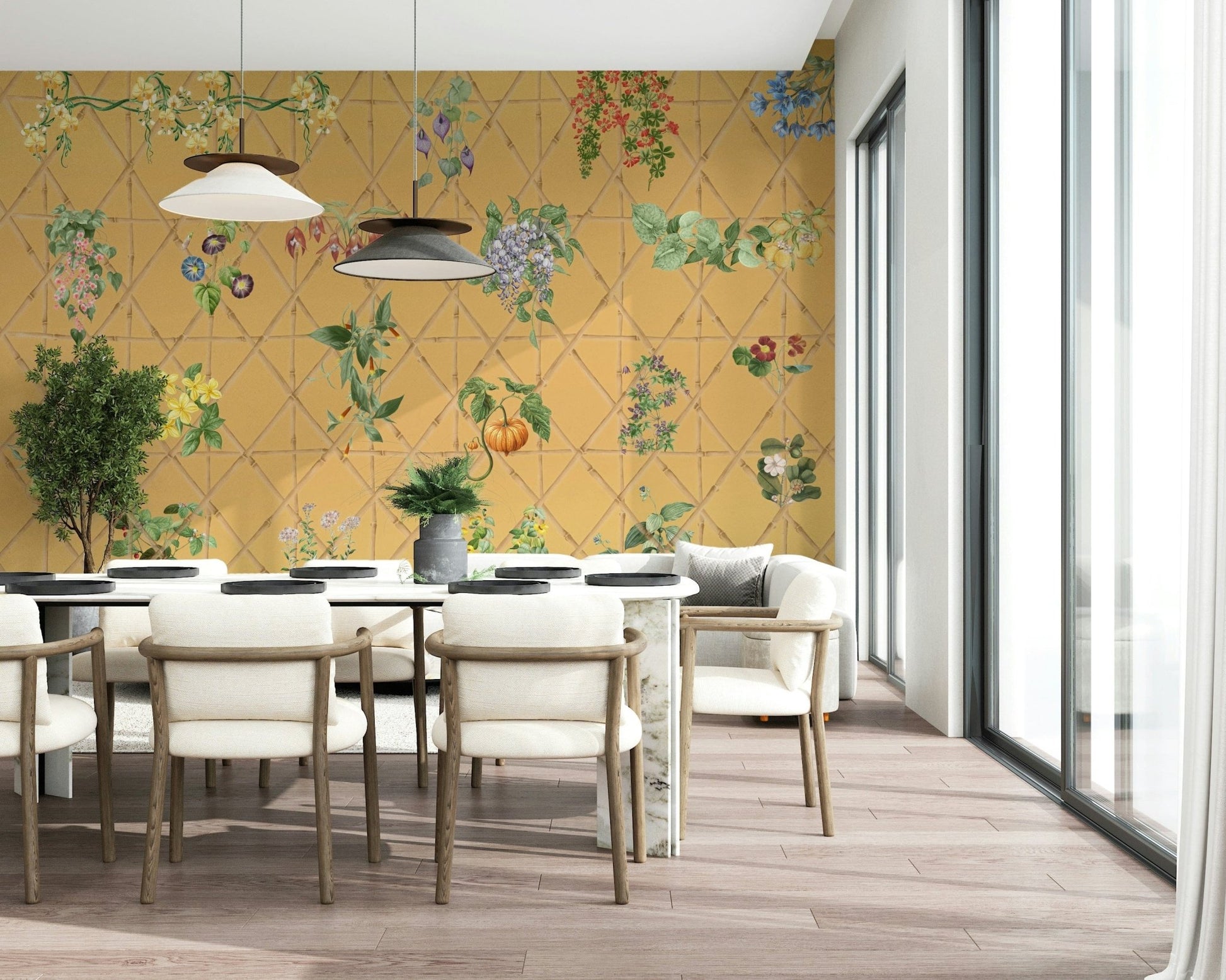 Lounge botanical lattice wallpaper with vintage style, full wall