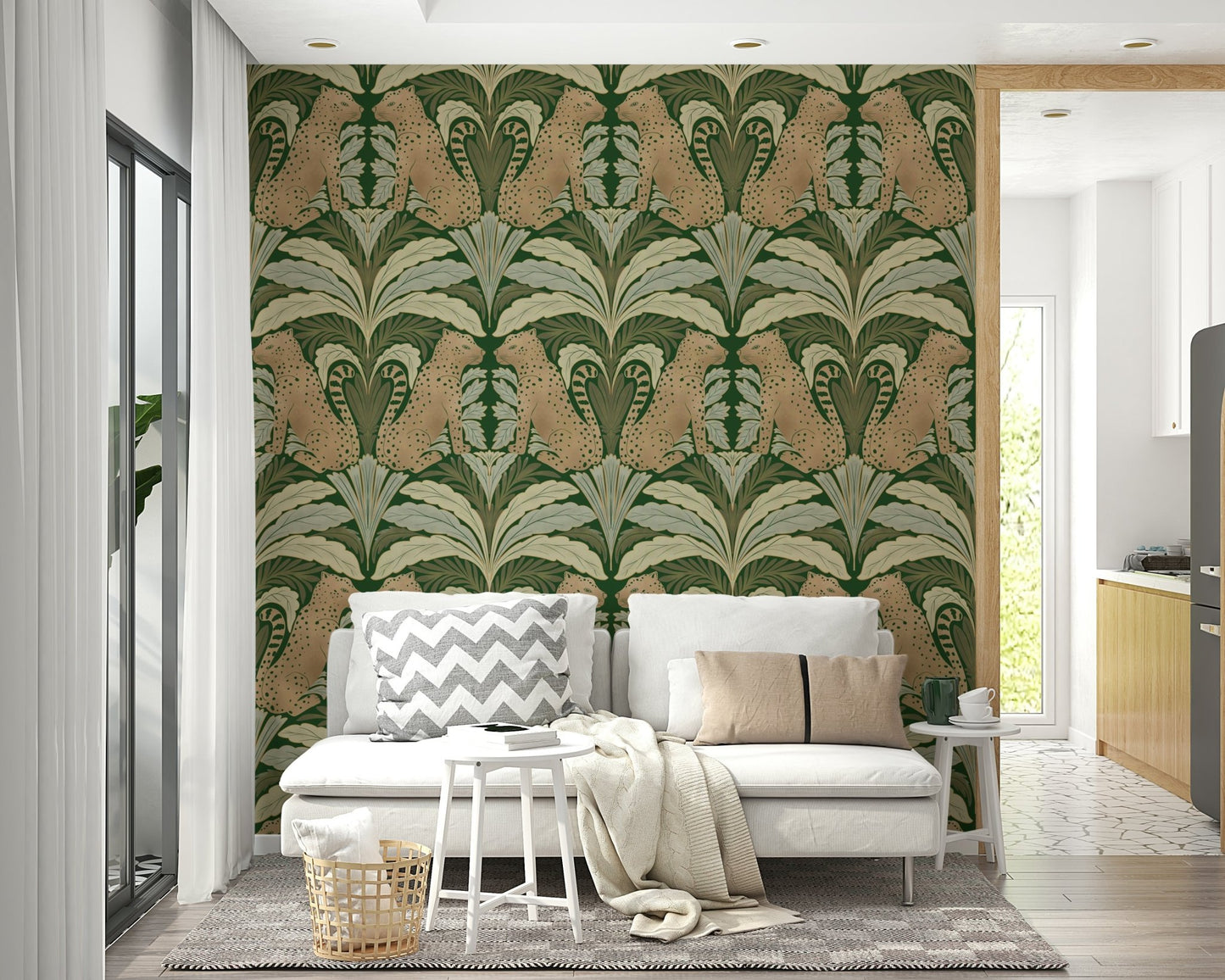 Jungle-inspired wallpaper featuring leopards and plants

