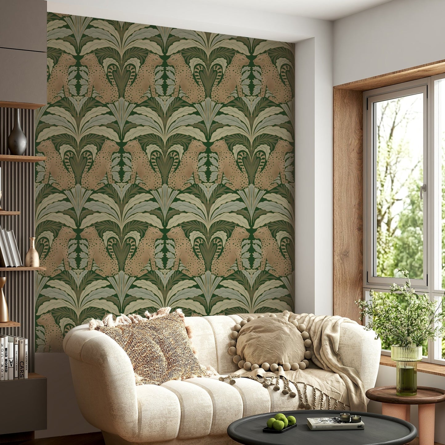 Exotic leopard wallpaper with mirrored floral layout

