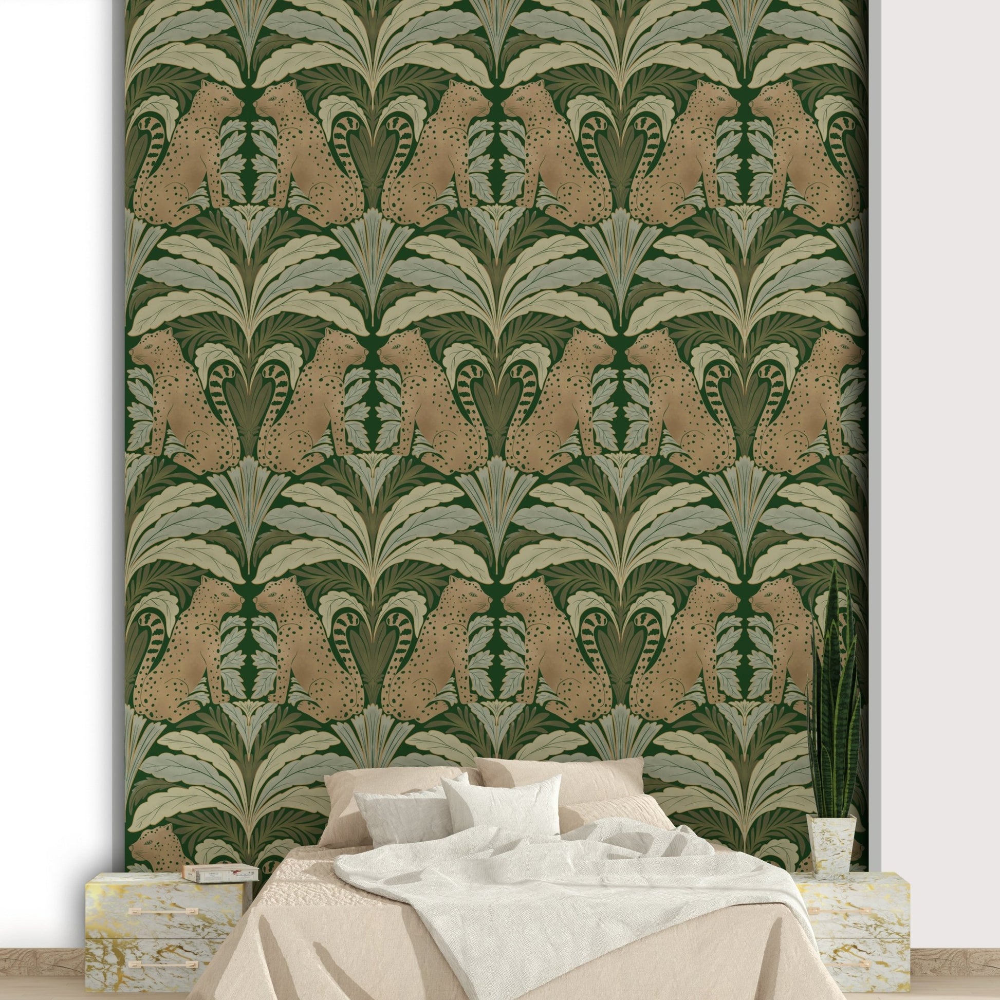 Botanical wallpaper with symmetrical leopard pattern

