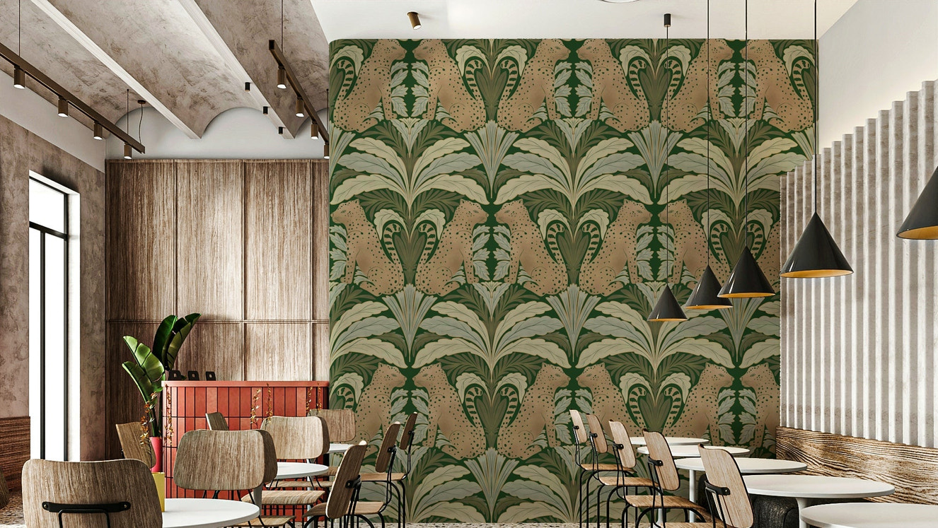 Wallpaper with wild leopards and symmetrical foliage


