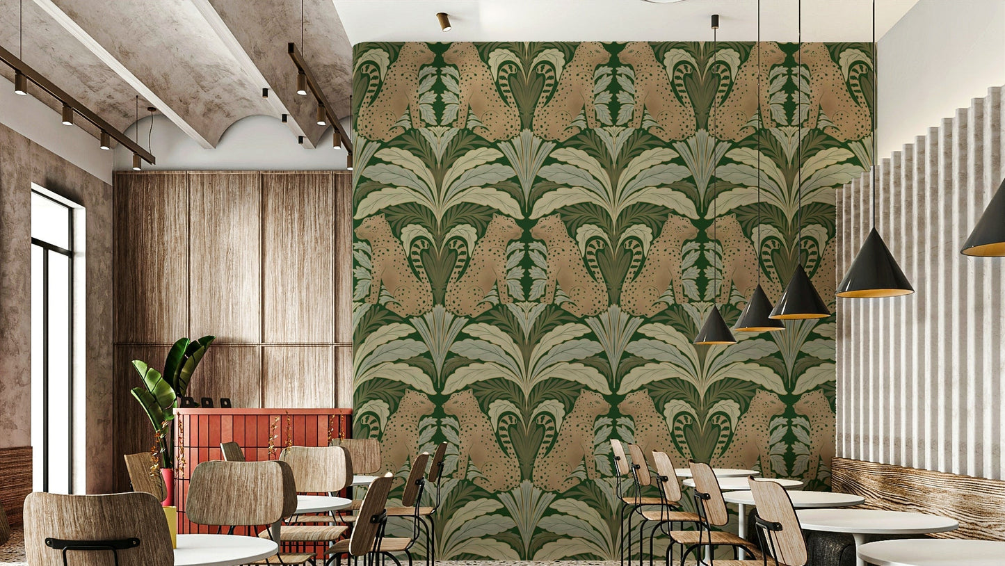 Wallpaper with wild leopards and symmetrical foliage

