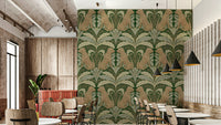 Wallpaper with wild leopards and symmetrical foliage

